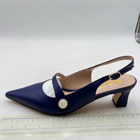 FYS Blue Low Heel Slingback Pearl Pointed Toe Pumps Buckle Slip On Dress Shoes - Picture 2 of 8